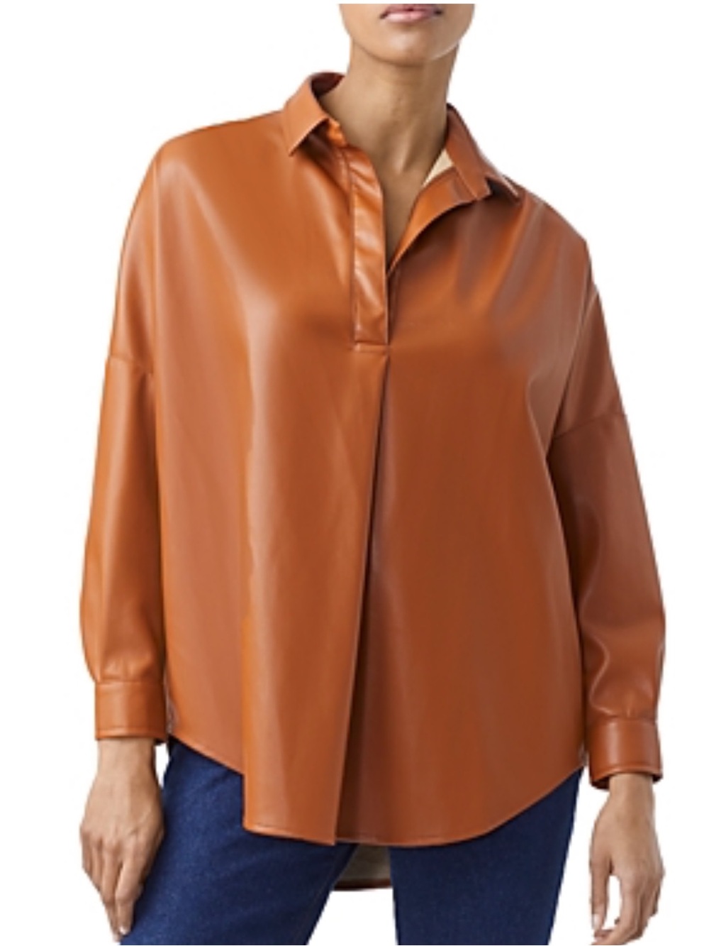 French Connection Crolenda Faux Leather Collar Popover Glazed Ginger Top XS